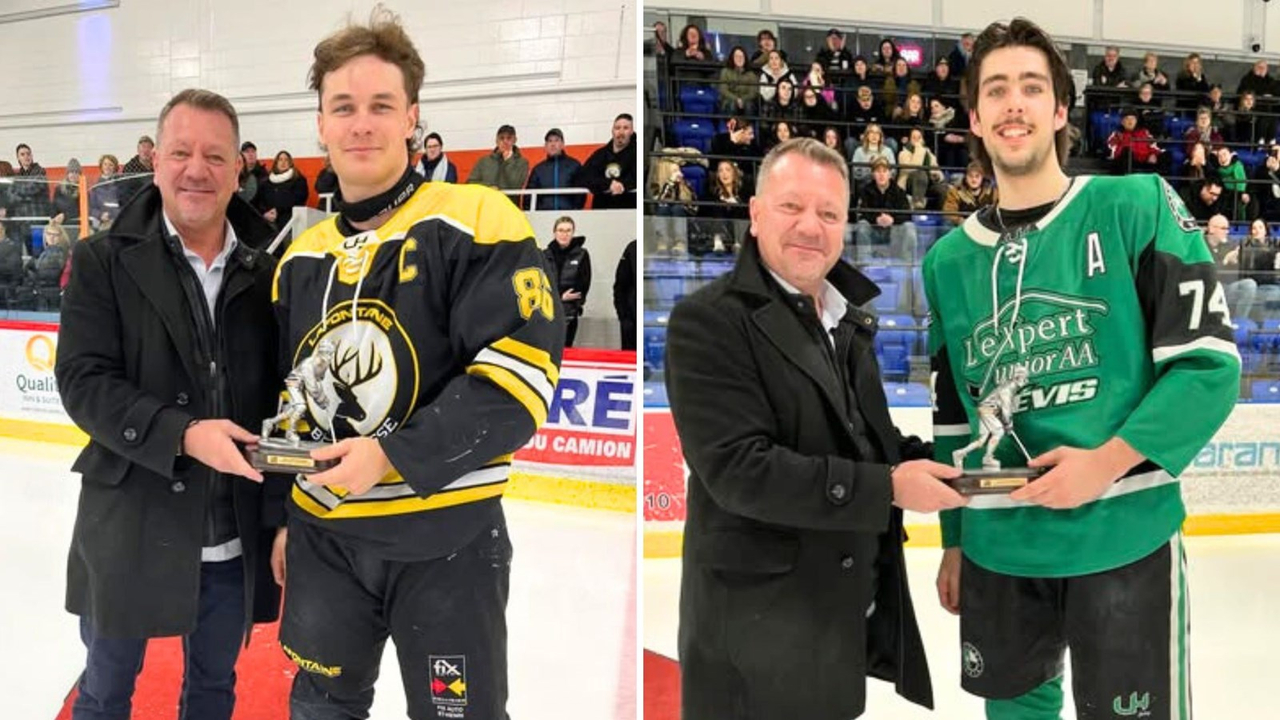 Meilleur défenseur, Zachary Lamontagne (Lafontaine de Bellechasse), et meilleur pointeur, Émerick Bussières (Expert Lévis de Saint-Romuald).