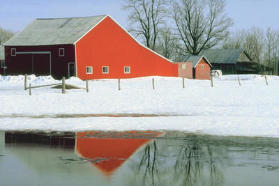 Reflection of barn in pond during winter