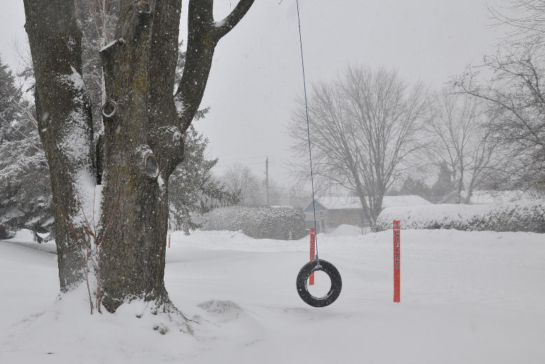 Ce jeu d'été installé à un arbre à Repentigny peut encore servir. Il ne faudrait pas qu'il neige plus, toutefois.