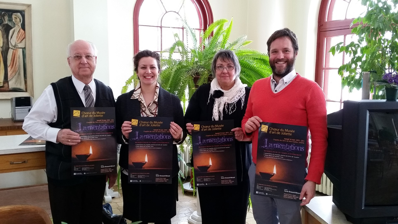 Père Thibault; Annie Gauthier, directrice générale du Musée d'art de Joliette; Michèle Daneau,  Présidente du conseil d'administration Choeur du Musée d'art de Joliette; Xavier Brossard-Ménard, directeur artistique et chef du Chœur du Musée d’Art de Joliette.
