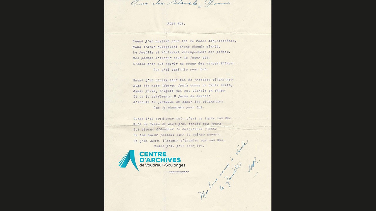 Poème non daté intitulé « Pour toi » écrit pour sa nièce Blanche-Yvonne.