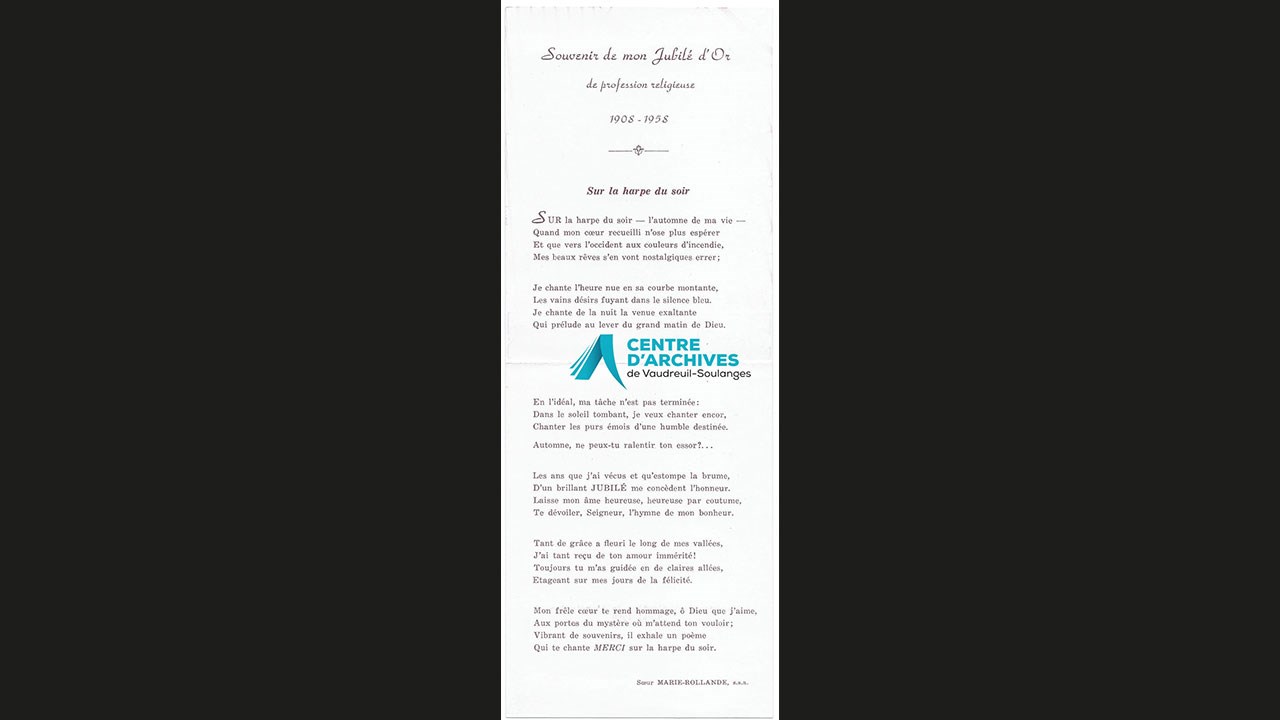 La page 2 du poème composé par Sr Marie-Rollande pour ses 50 ans de vie religieuse intitulé « Sur la harpe du soir ».