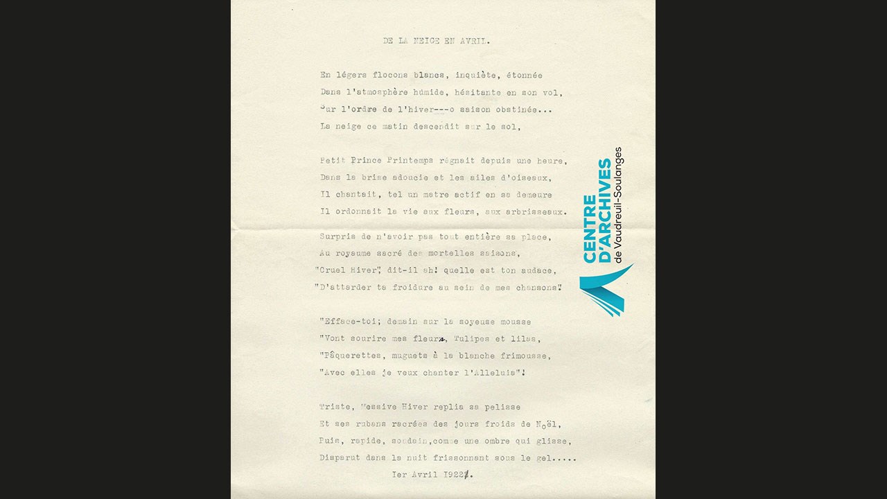 Poème intitulé « De la neige en avril » daté du 1er avril 1922.