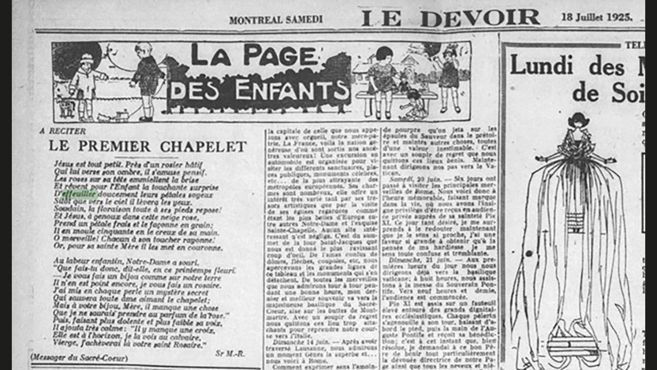 Poème ayant pour titre « Le premier chapelet » paru dans le journal Le Devoir, p.10, 1925-07-18.
