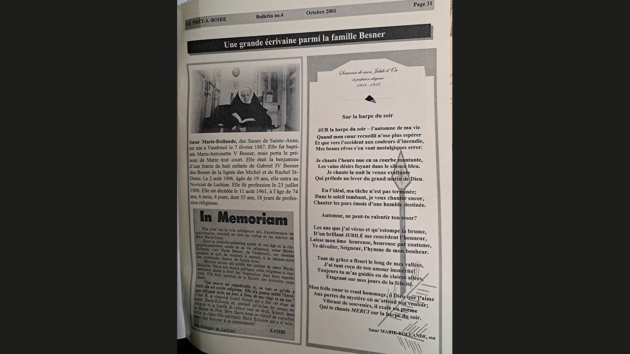 Article intitulé « Une grande écrivaine parmi la famille Besner » extraite de la revue Le Prêt-à-boire, bulletin no 4, octobre 2001, p.31.
