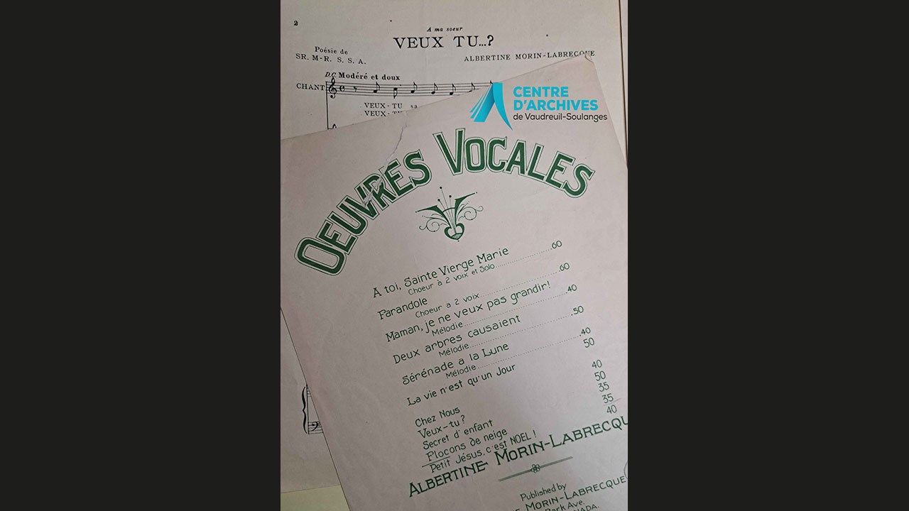 Partition de musique : paroles écrites par Sr Marie-Rollande, « Œuvres vocales ».