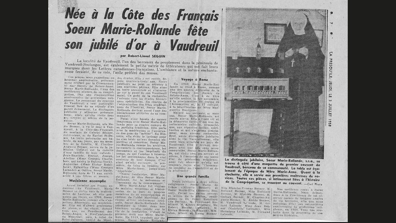 Article de journal illustrant le jubilé d’or titré « Née à la Côte des Français Sœur Marie-Rollande fête son jubilé d’or à Vaudreuil » paru dans le journal La Presqu’île, 3 juillet 1958, p.7.