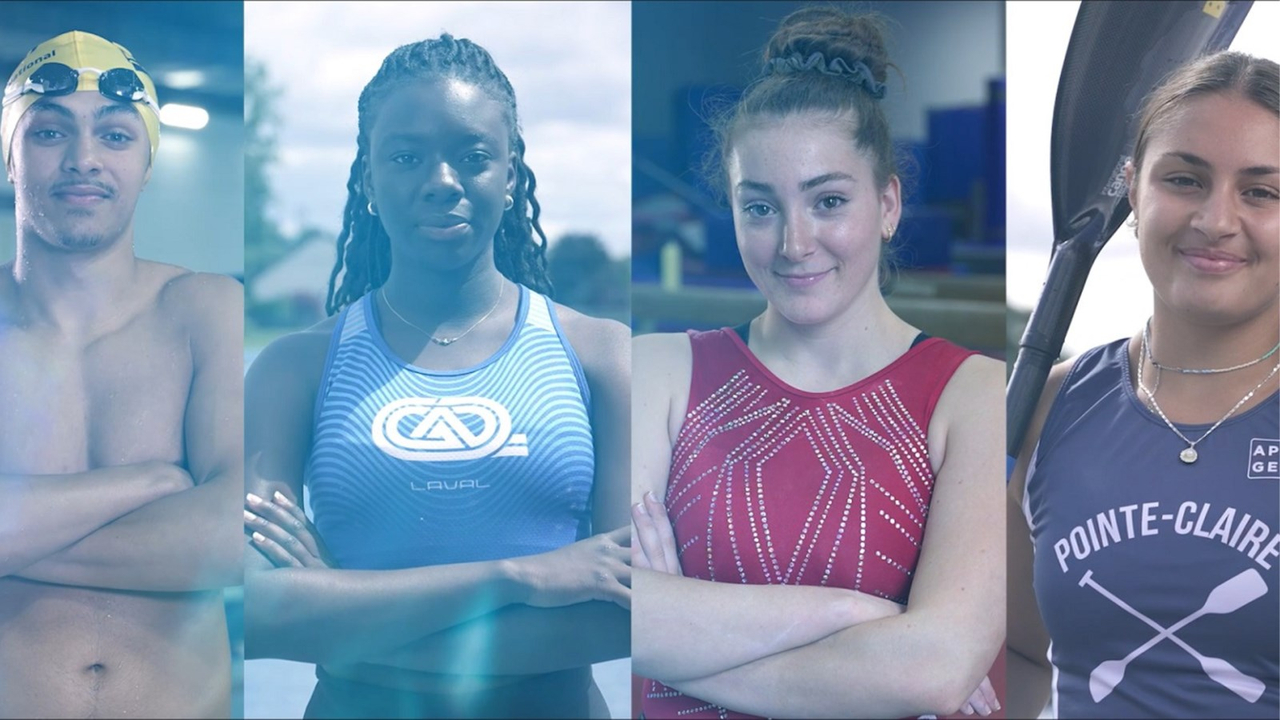 Passionné(e)s par leur sport, Omar, Laila Carelle, Samuelle et Leyla pratiquent respectivement de la natation, du saut en longueur, de la gymnastique et du canoë-kayak de haut niveau en plus d’étudier au Cégep Gérald-Godin