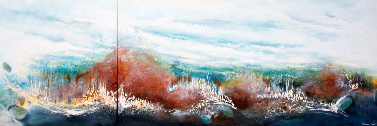Monticules colorés II, acrylique et techniques mixtes - 24 po x 72 po