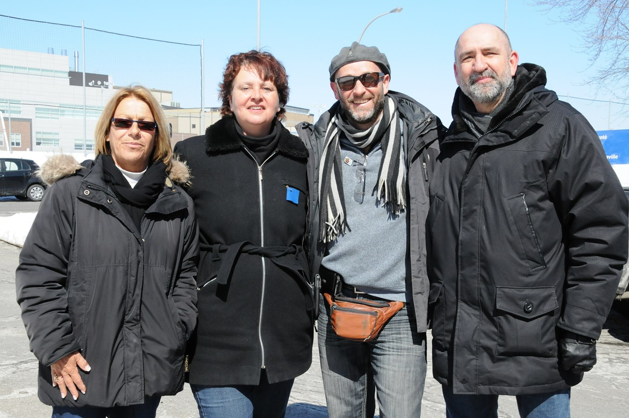 Louise Jeté, présidente du conseil central des Laurentides à la CSN, Hélène Lavoie, vice-présidente régionale pour la Fédération de la santé et des services sociaux, Benoît Audet, répondant politique pour l’ATPS, Réal Richard, président de la FTQ Laurentides-Lanaudière