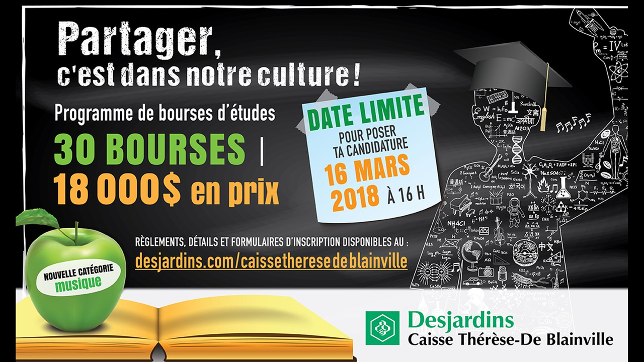 Bourses d’études de la Caisse Desjardins Thérèse-De Blainville:18 000 $ en prix remis au printemps 2018