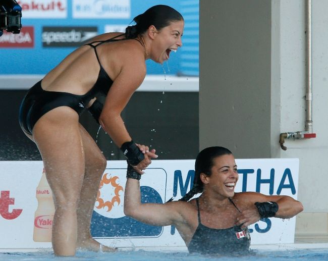 Roseline Filion (à gauche) et Meaghan Benfeito ont remporté la médaille d'argent en plongeon syncrhonisé à la tour de 10 mètres.