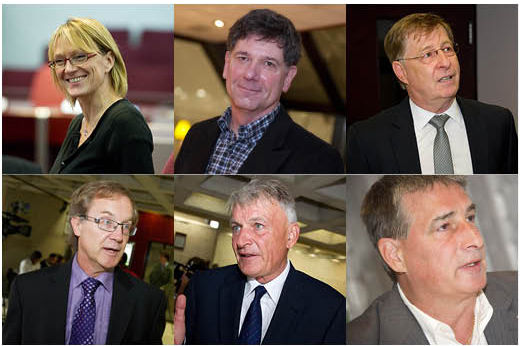 De gauche à droite: Claire Le Bel (Option Laval), Guy Landry (Nouveau parti des Lavallois), Marc Demers (Mouvement lavallois), Jacques Foucher (indépendant), Jean-Claude Gobé (Action Laval) et Robert Bordeleau (Parti au Service du citoyen)