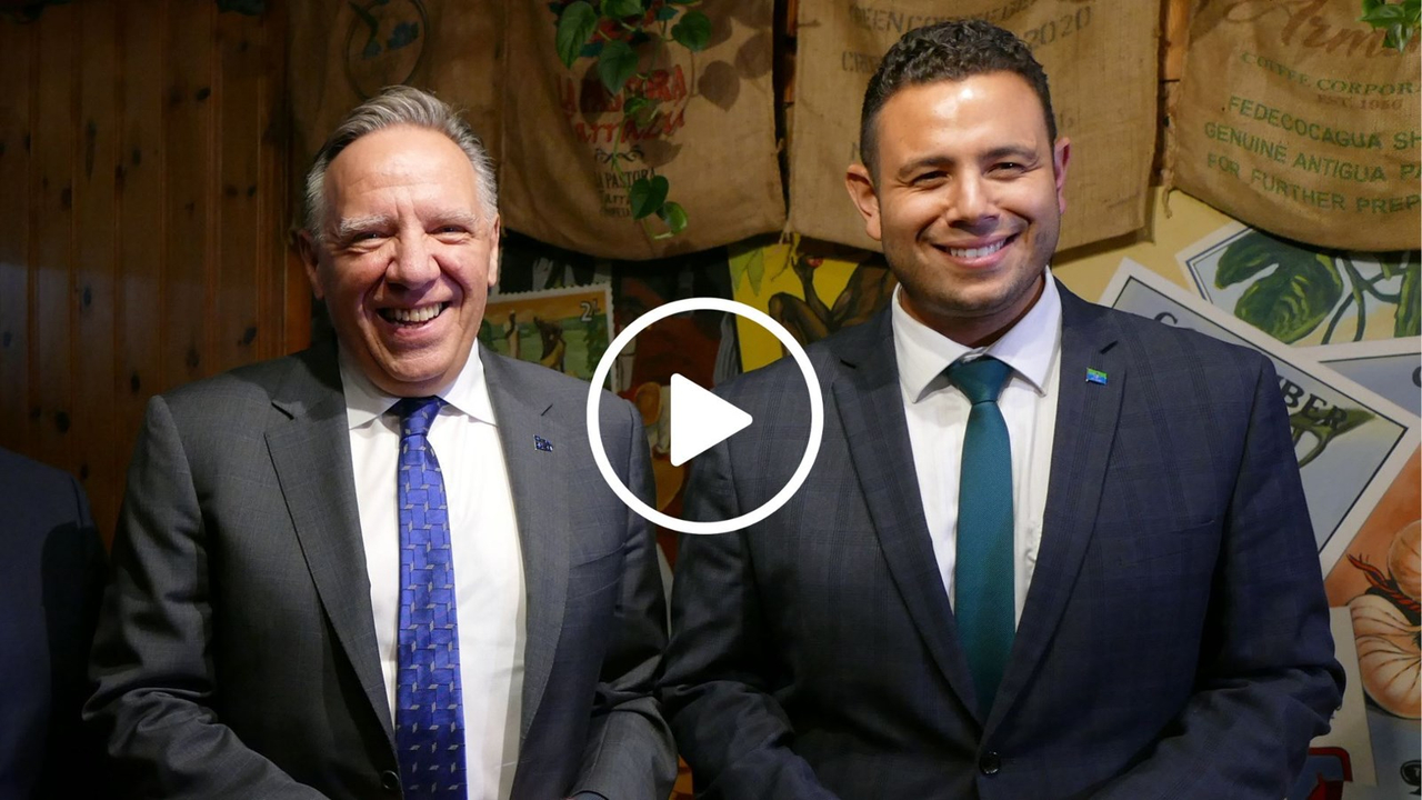 Le député de Beauce-Sud, Samuel Poulin, en compagnie du premier ministre du Québec, François Legault, lors de sa visite à Saint-Georges le 6 février dernier.