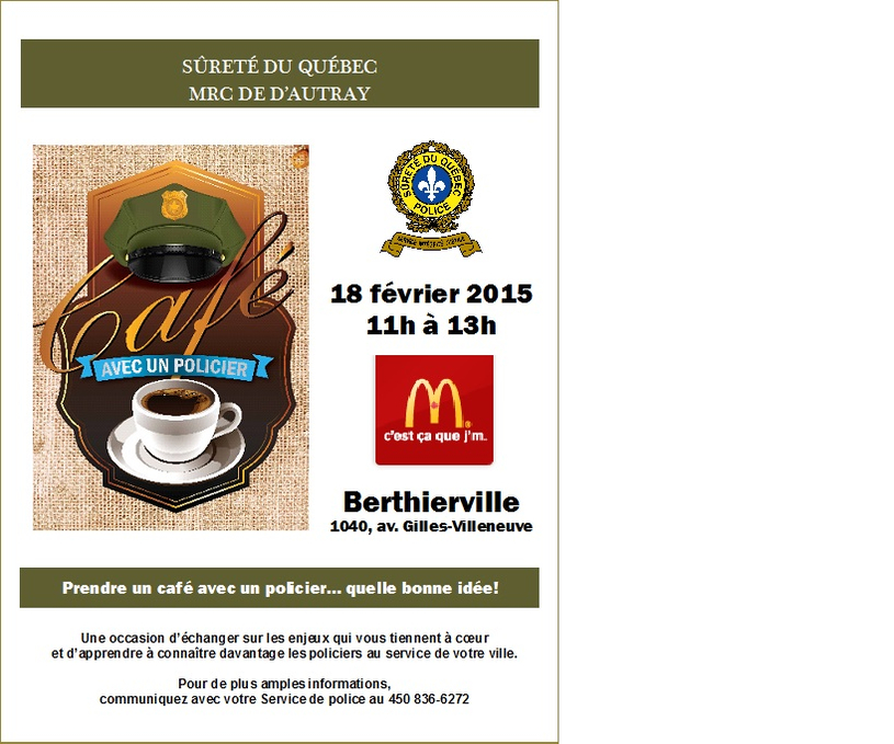 Tenue de l'activité Prendre un café avec un policier à Berthierville