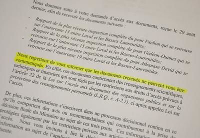 Le MTQ refuse de révéler les rapports d'inspection de trois ponts de la région