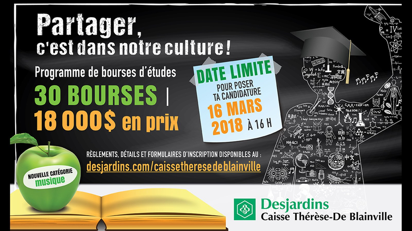 Bourses d’études de la Caisse Desjardins Thérèse-De Blainville:18 000 $ en prix remis au printemps 2018