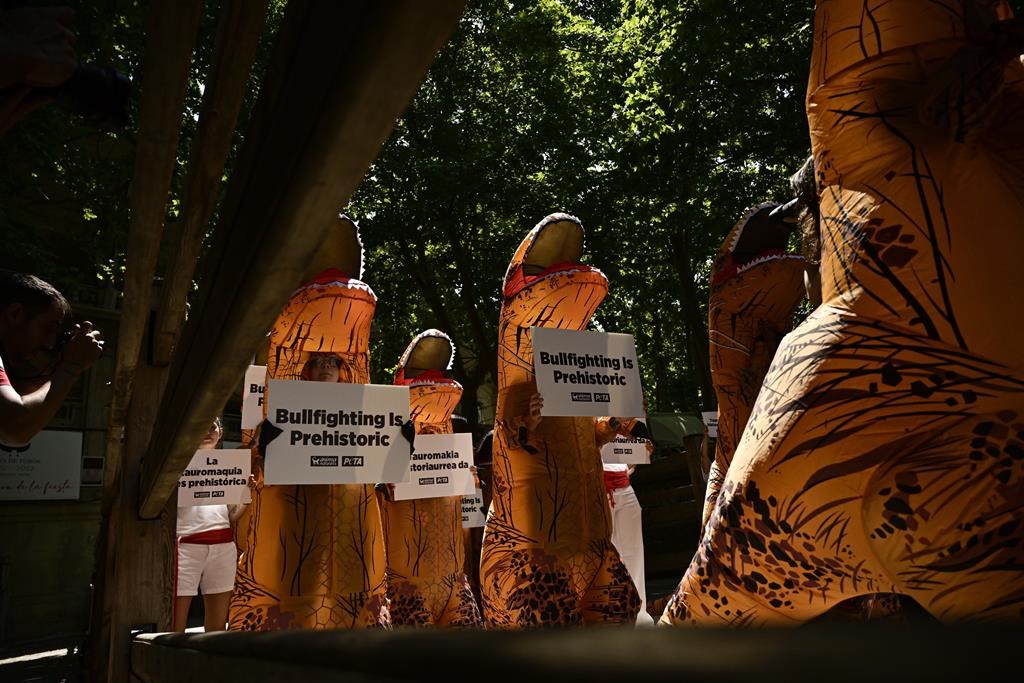 Espagne: des militants déguisés en dinosaures s'opposent à la course de taureaux
