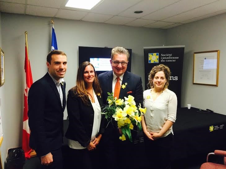 Jean Habel, député de Sainte-Rose, Annick Ouellette coordonnatrice au bureau régional Laval/Lanaudière/Basses-Laurentides à la SCC, Jean Rousselle, député de Vimont, et Patricia Labelle, agente de développement.