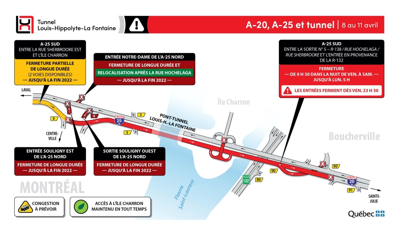 Du 8 au 11 avril 2022 : fermeture complète du tunnel en direction de la Rive-Sud durant la fin de semaine