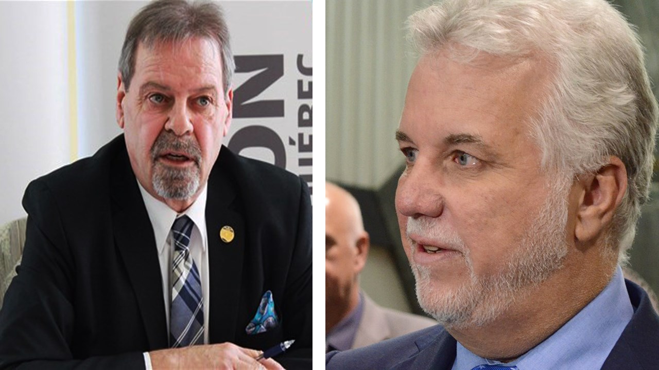 Le député de Beauce-Nord, André Spénard, à gauche, et le premier ministre du Québec, Philippe Couillard, à droite.