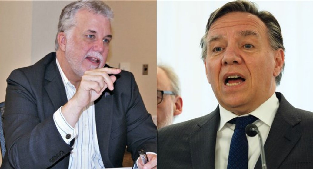Philippe Couillard, chef du Parti libéral du Québec et premier ministre du Québec, et François Legault, chef de la Coalition avenir Québec et candidat au poste de chef du gouvernement.