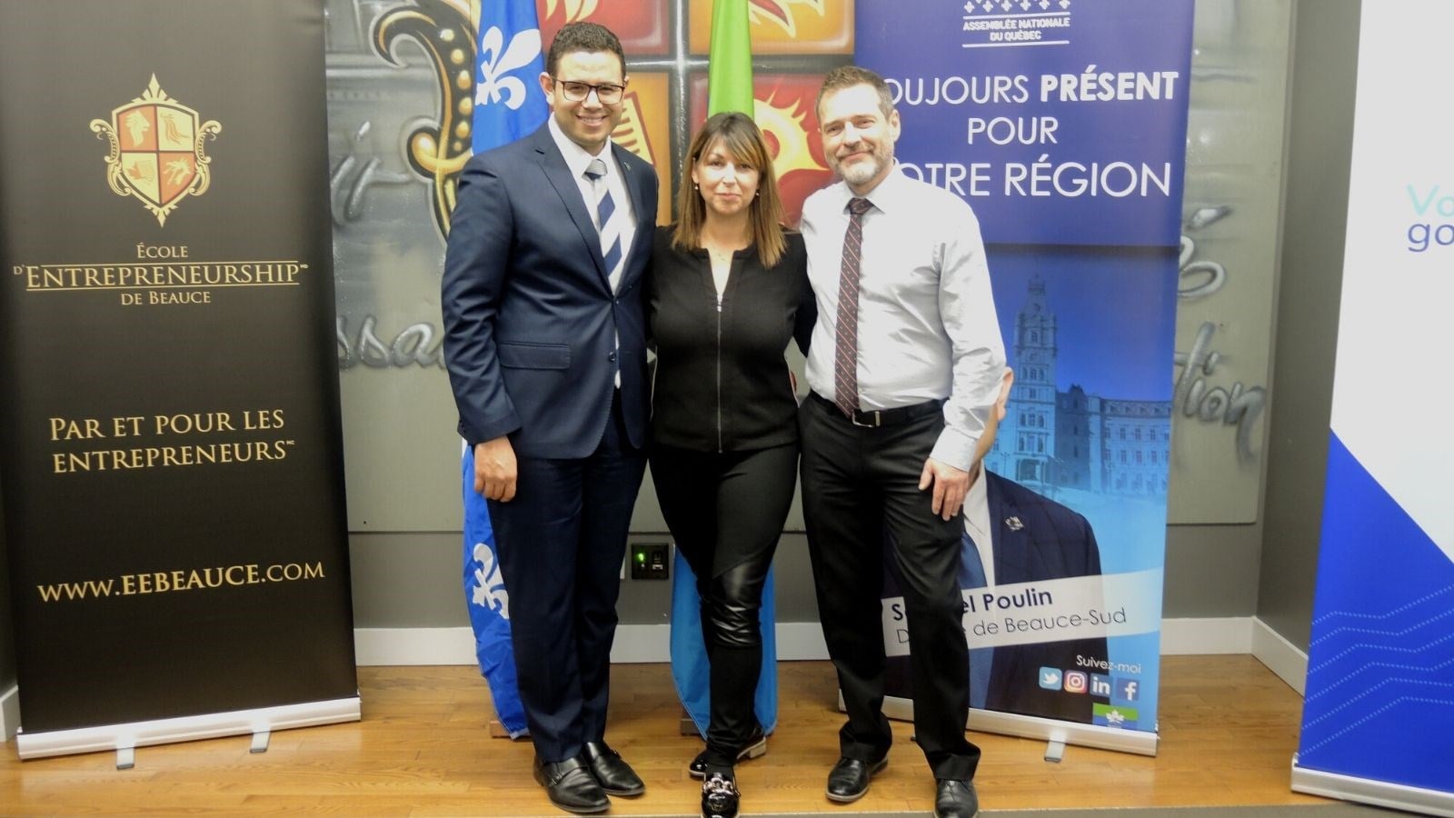 Dans l'ordre, le député de Beauce-Sud, Samuel Poulin, la directrice générale de l'EEB, Isabelle Le Ber, et Vincent Grondin, président de l'entreprise Lico et gradué de la cohorte 1 du programme Élite.
