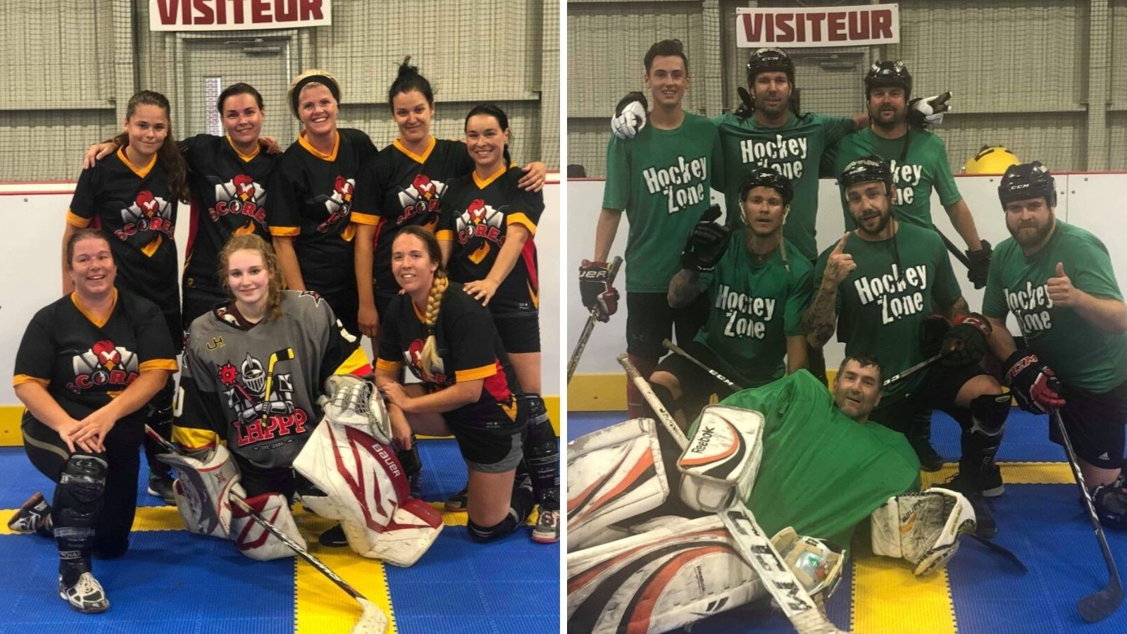 À gauche, l'équipe gagnante dans la classe récréative féminine, l'équipe Scores. À droite, l'équipe gagnante dans la classe compétitive masculine, l'équipe Hockey Zone (dont les joueurs du Cool FM, Kevin Cloutier et Hubert Poulin, faisaient partie).