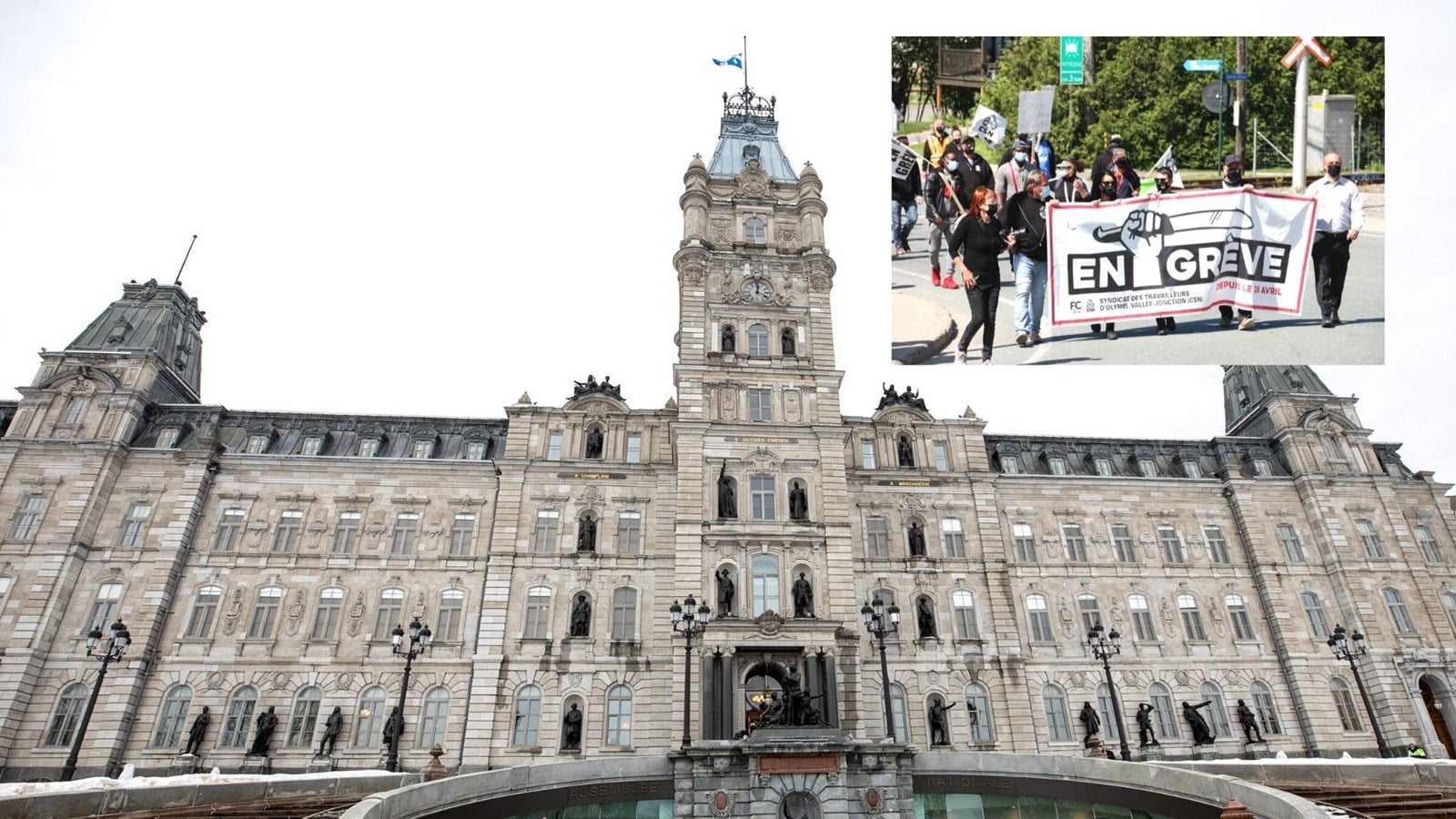 Les employés d'Olymel manifestent devant l'Assemblée nationale ce matin