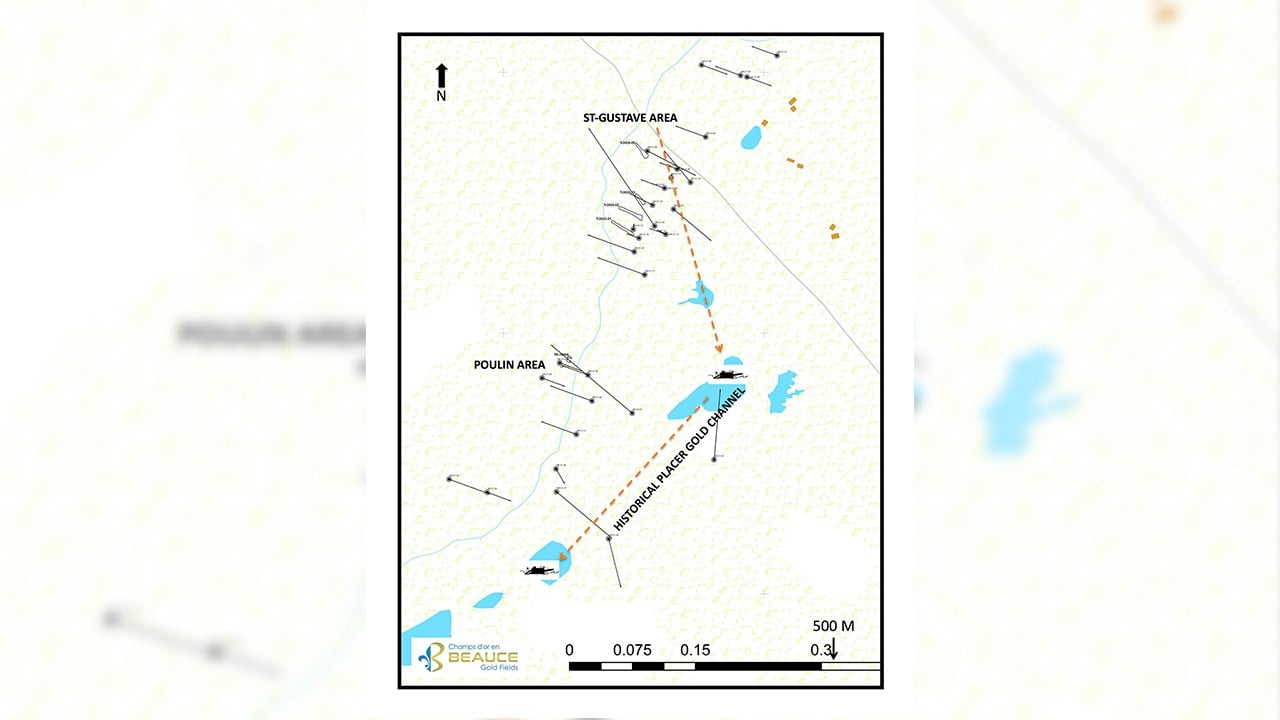 Programme de forage de Champs d'Or en Beauce croise un corridor minéralisé de 1 km parallèle au canal d'or placer