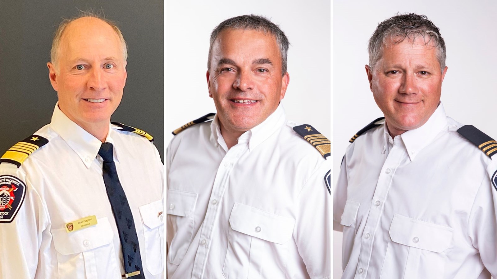 À gauche, Jean Gagnon a été nommé directeur et de chef des pompiers du SSI d'Adstock, pour remplacer Daniel Couture (centre) qui a pris sa retraite de la fonction. Éric Tardif (droite) devient directeur adjoint.