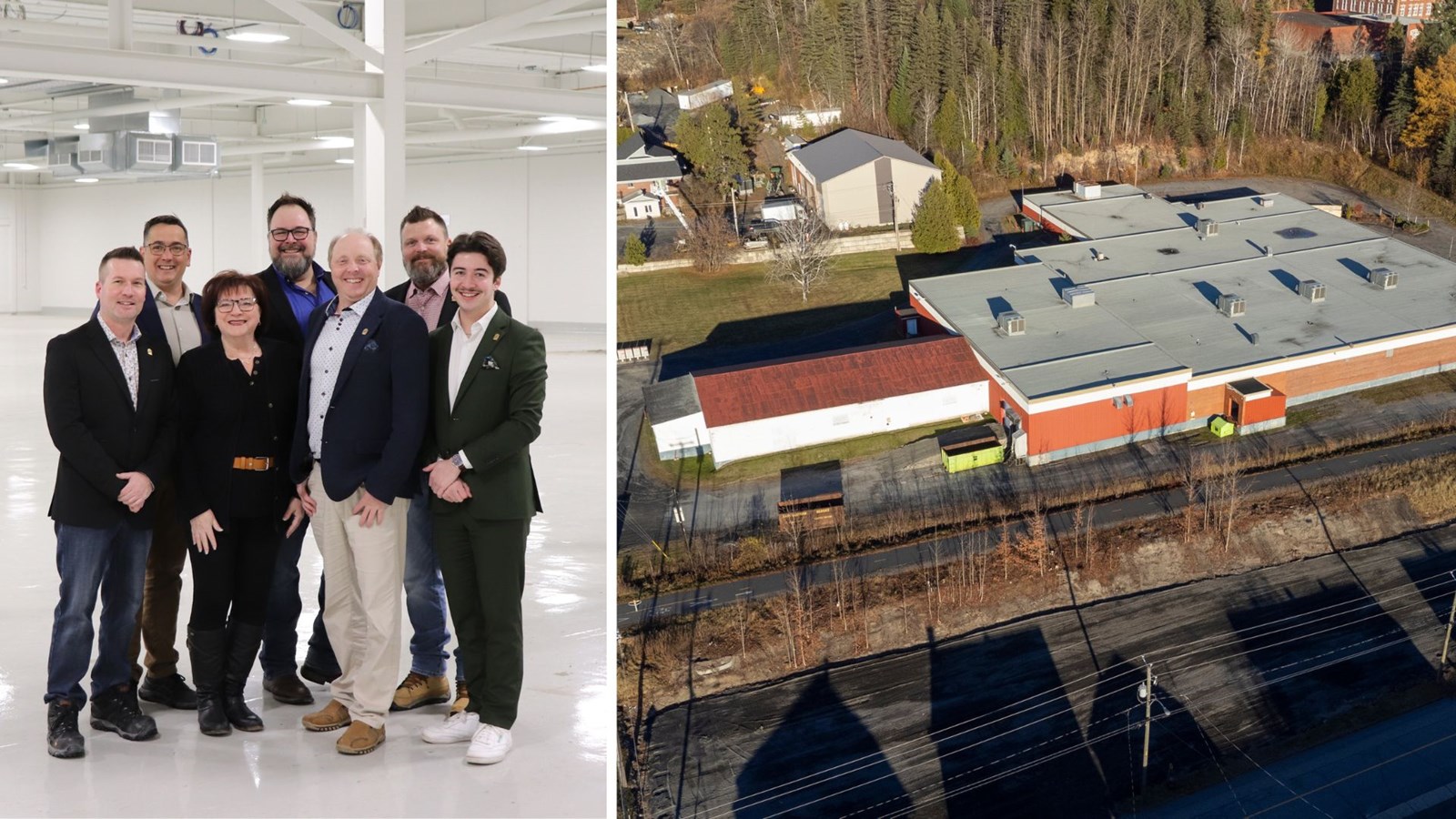Les membres du conseil de ville dans une section de l'usine et l'usine vue du ciel