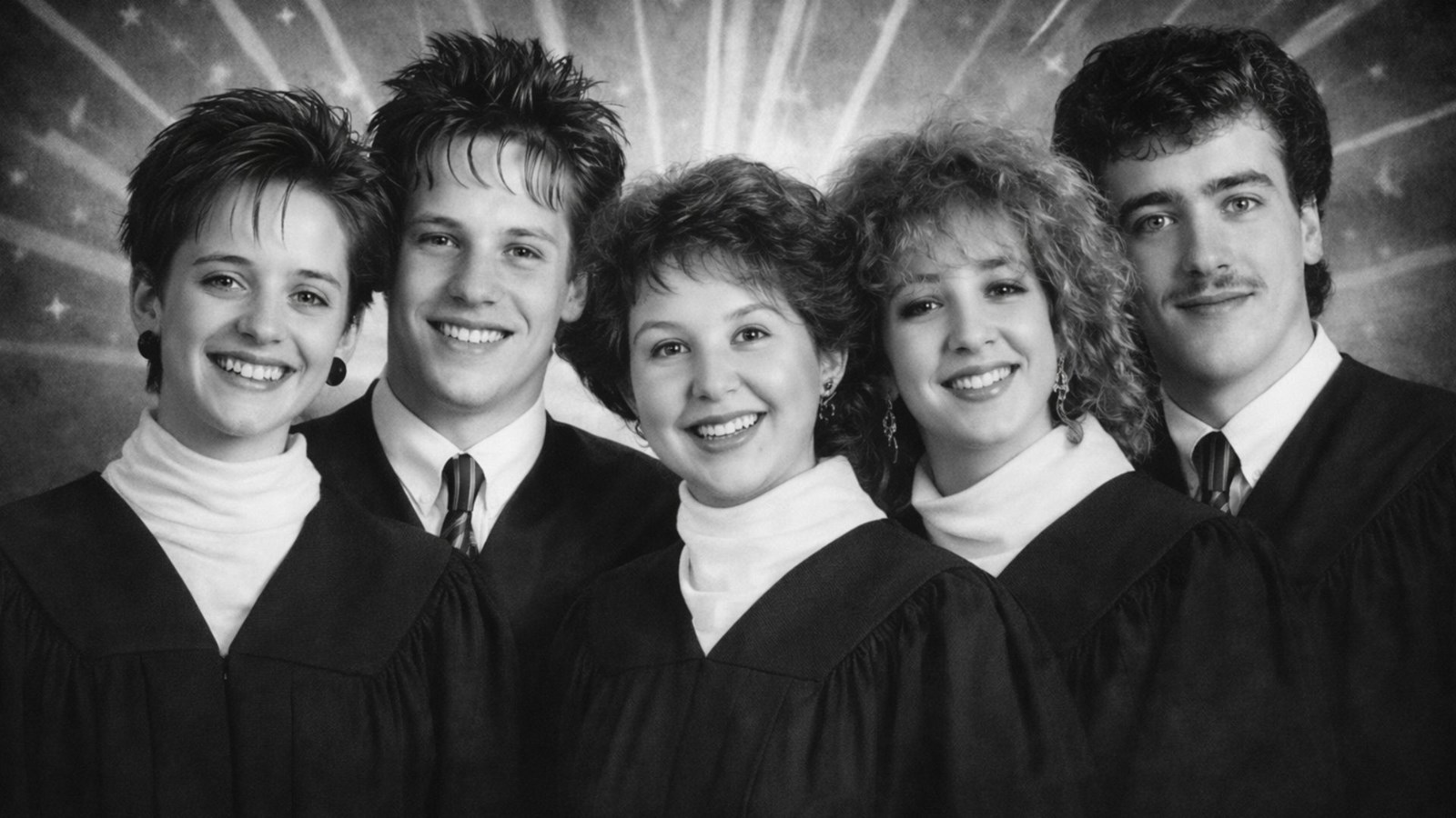Les membres du comité organisateur, tels qu'il apparaissaient en 1986: Andrée Faucher, Nicolas Asselin, Chantal Mercier, Sophie Gagnon et Daniel Doucet.