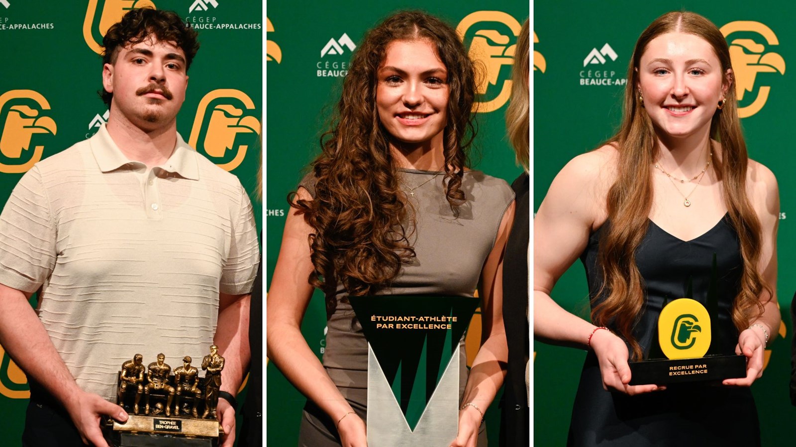 Wylliam Veilleux (Trophée Ben-Gravel), Alicia Fluet (Étudiante-athlète par excellence), Mathilde Alexia Pelletier (Recrue par excellence).
